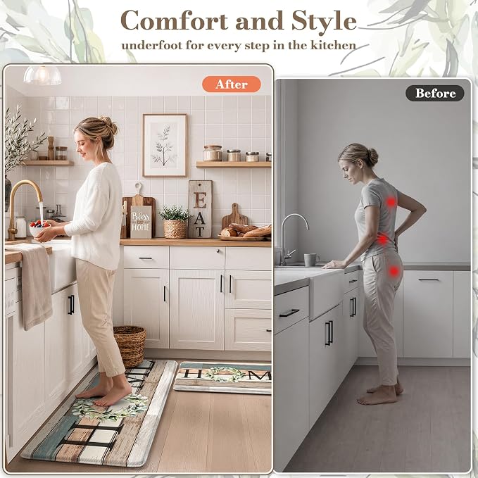 KIMODE Kitchen Mats 2PCS,Cushioned Anti Fatigue Farmhouse Kitchen Rugs and Mats,Non Skid Waterproof Kitchen Mats for Floor,Comfort Foam Standing Desk Mat for Home,Office,Sink,Laundry