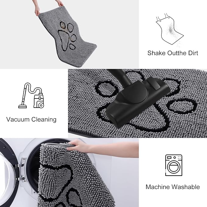 Smiry Dog Door Mat for Muddy Paws, Absorbent Dirt Trapper Non Slip Quick Dry Washable Chenille Mat for Mud Dogs, Entry Rug for Indoor and Outdoor (70x24 Inches, Dark Grey and Black)