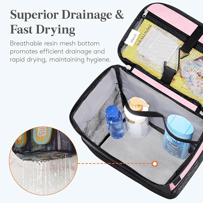 Lifewit Shower Caddy Portable, Toiletry Bag with Handle and 3 Mesh Pockets, Quick Dry Hanging Organizer for Bathroom, Gym, Travel, Camping, College Dorm Room Essentials for Women Men, Pink