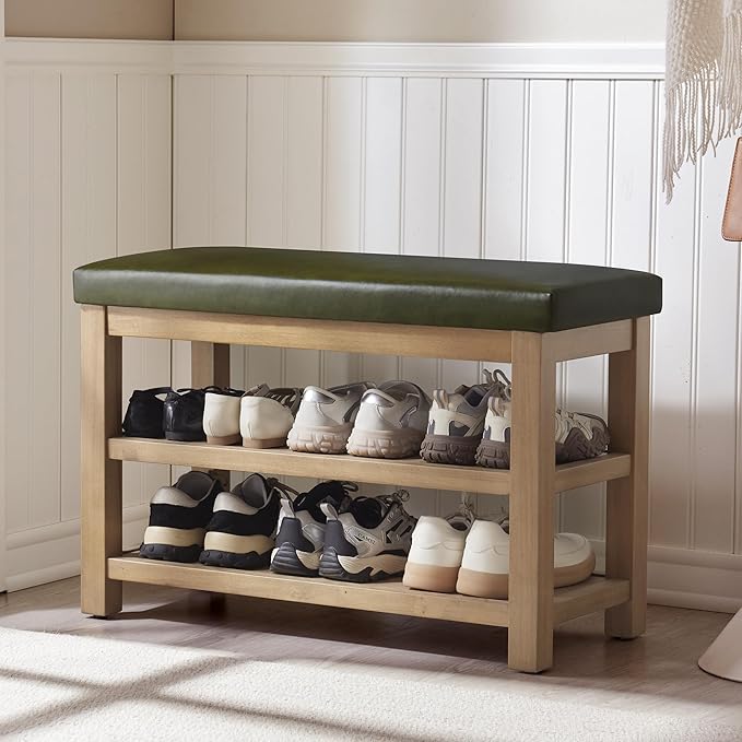 Zihanhome Shoe Rack Bench with Leather Cushion, 2 Tier Solid Wood Storage Bench, Mid-Century Modern Shoe Bench for Entryway, Hallway, Closet, Front Door Entrance, Foyer (Green, 31.5)