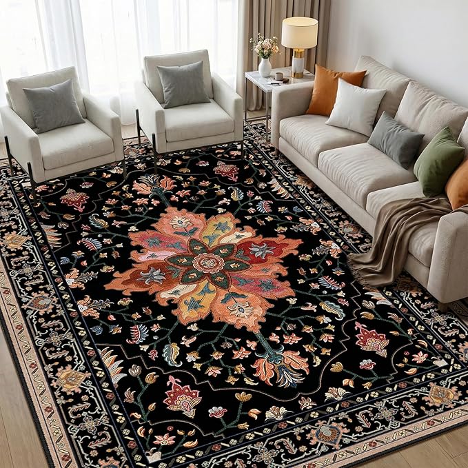 RELEANY Area Rugs 5'x7' Washable Non-Slip, Floral Vintage Distress Medallion Carpet for Living Room Bedroom Dining Room, Black Colorful Floral Dark Tan