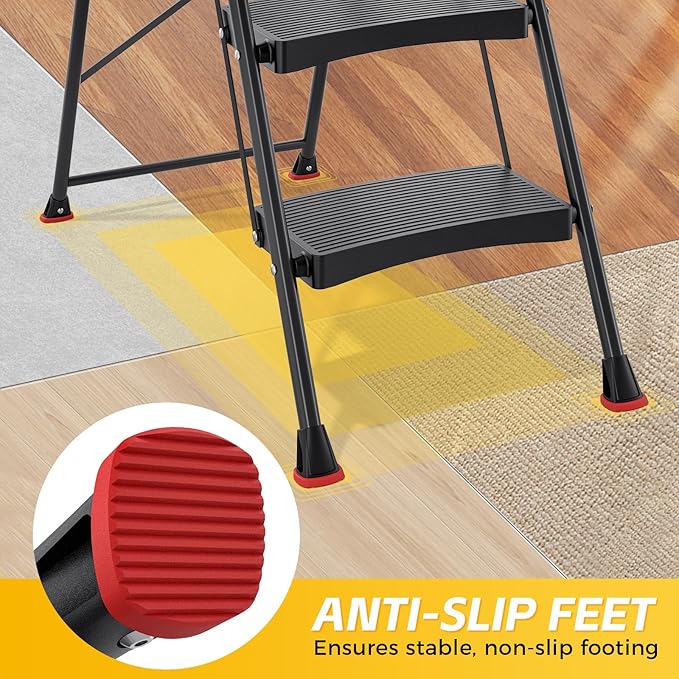 TOOLF 4 Step Ladder Folding Step Stool, Heavy Duty Steel Ladder with Tool Tray, Anti-Slip Wide Pedal, Portable Step Ladder for Home Kitchen Garage, 800 lbs Capacity, Black
