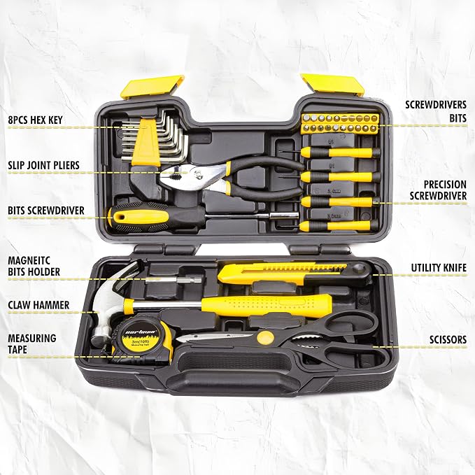 CARTMAN 39-Piece Home Tool Set Kit, Essential Household Hand Tools with Plastic Storage Case, Yellow