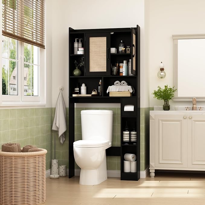 RUSTOWN Rattan Over The Toilet Storage Cabinet, Boho Over Toilet Bathroom Organizer with 2 Doors & Adjustable Shelves, Modern Above Toilet Rack with Toilet Paper Holder for Bathroom, Laundry(Black)