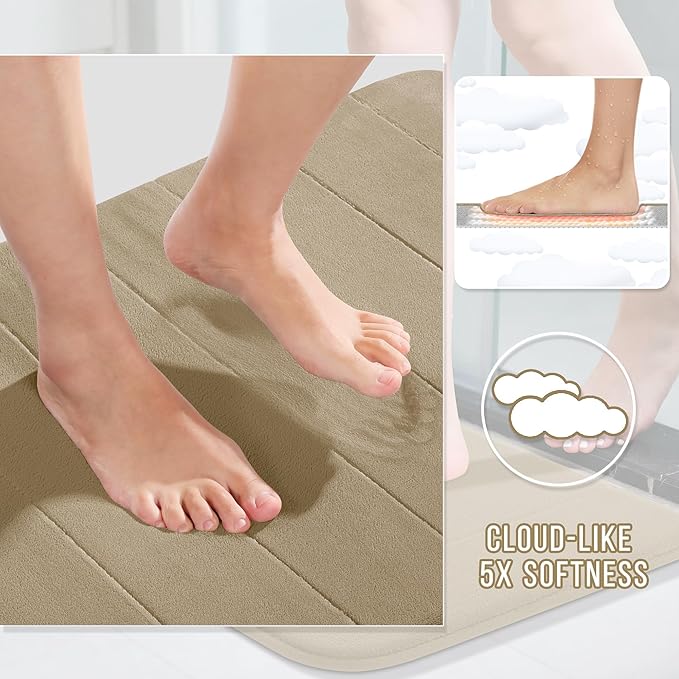Yimobra 3 Pieces Memory Foam Bath Mat Set with U-Shaped Toilet Rug - Non Slip Super Soft Absorbent Quick Dry Bathroom Rugs for Bathtub, Vanity & Toilet Base, Pale Khaki