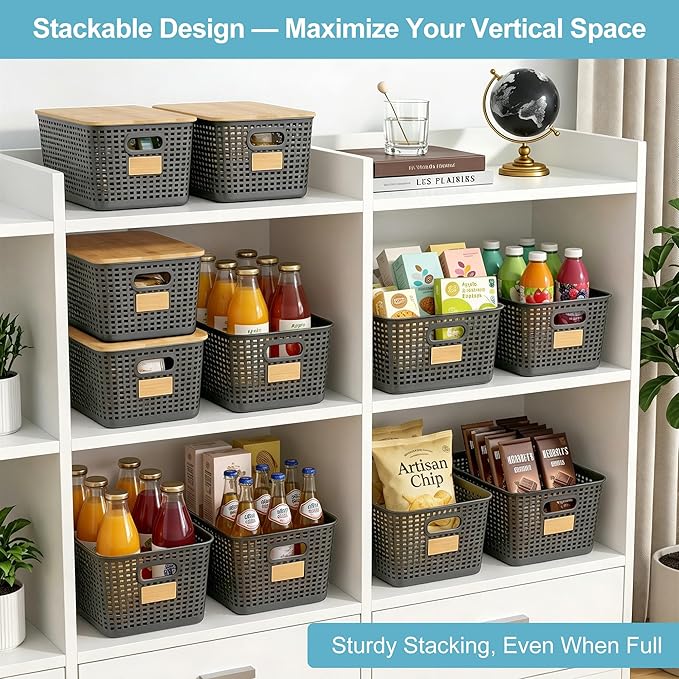 Bagnizer 2 Pack Tall Plastic Storage Bins with Bamboo Lids, 10.8qt Stackable Storages Baskets for Organizing Desktop Closet Playroom Classroom Office, 12"L x 8.3"W x 6.1"H, Gray