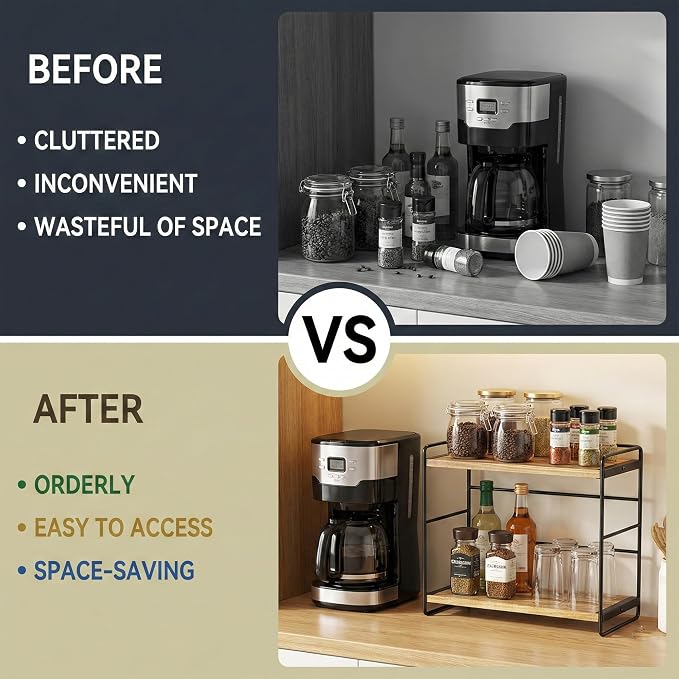 SRIWATANA 2 Pack Bathroom Counter Organizer, 2 Tier Countertop Organizers, Kitchen Counter Shelf Spice Rack Countertop Storage Wood Shelf - Carbonized Black
