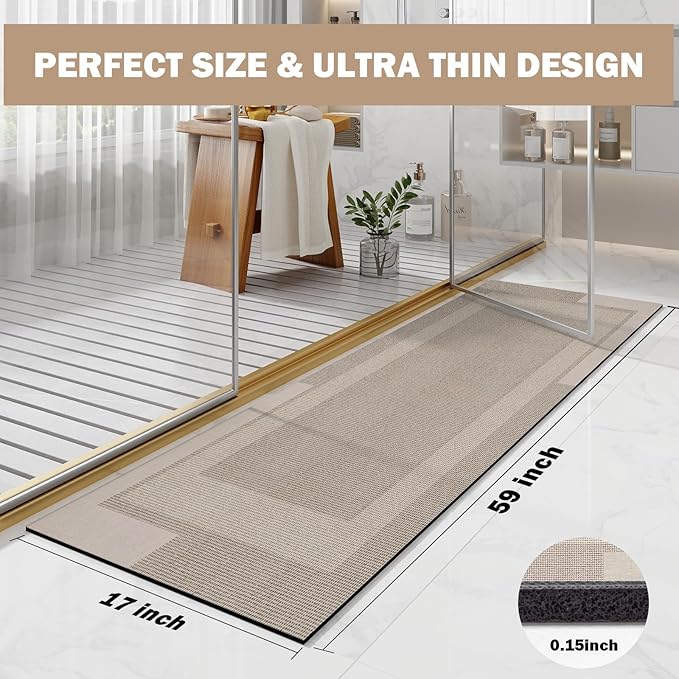 YDKGL Non Slip Long Bathroom Runner Rug Bath Mat, Rubber Backing Ultra Thin Bathroom Rugs Fit Under Door Quick Dry Super Absorbent Washable Shower Mat for Bathtub Sink Floor, Beige 17"x59"