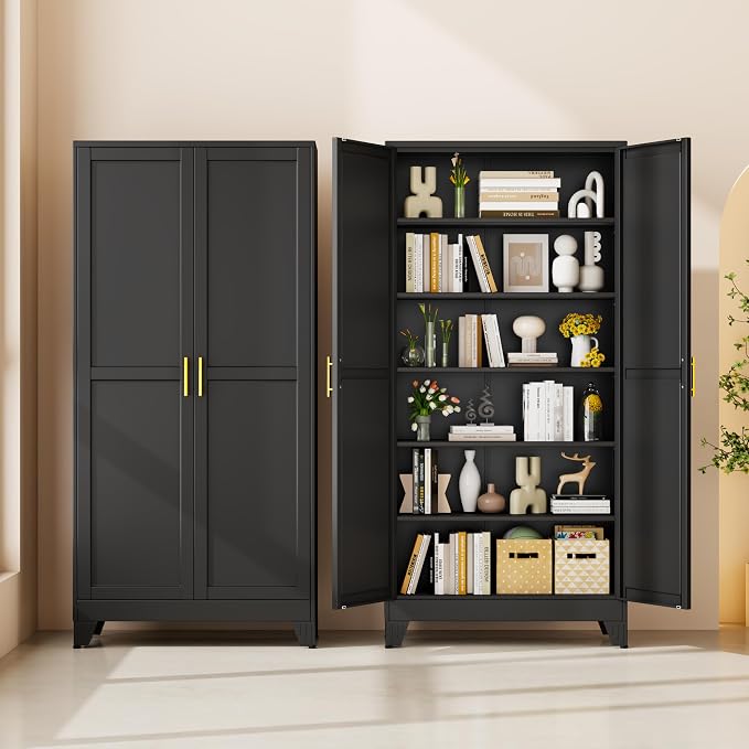 75" Black Tall Metal Garage Storage Cabinet with 2 Doors and 5 Adjustable Shelves,Kitchen Pantry Cabinet,File Cabinet,Steel Tool Cabinet for Home,Office,Garage,School,Warehouse