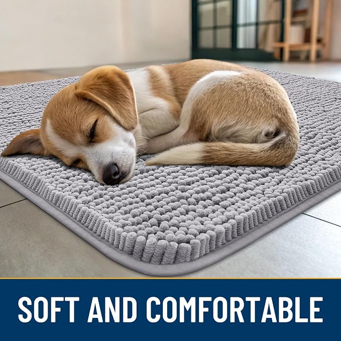 Smiry Dog Door Mat for Muddy Paws 40x32, Absorbent Dirt Trapper, Non-Slip Washable Chenille Entryway Rug for Inside Floor, Light Grey, Classic Solid