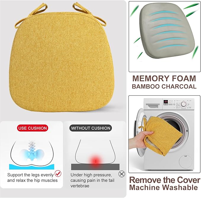 SINOSSO 1 Pack Memory Foam Chair Cushions for Dining Chair, Friendly Woven Fabric 16" U-Shape Comfortable Kitchen Chair Pad, Removable Slip Resistant Seat Cushion (1 Piece, Yellow)