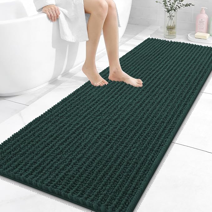 OLANLY Long Bathroom Rugs Runner 59x24, Thick Soft and Absorbent Chenille Bath Mat, Non-Slip, Machine Washable Quick Dry Bath Rugs for Tub Shower Floor, Home Decor Accessories, Blackish Green