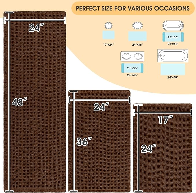 Waffle Bath Mat Set 3 Piece, Boho Woven Modern Bath Rug Absorbent Non Slip, Soft Bathroom Mats, Machine Washable Knit Bath Rugs with Herringbones for Bathroom, Bedroom, Kitchen, Shower, Tub, Brown