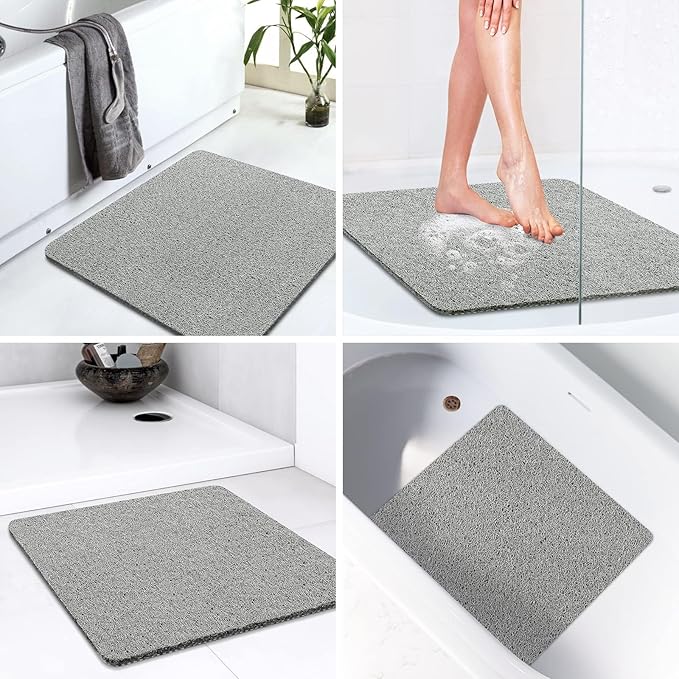 LuxStep Shower Mat Bathtub Mat,24x24 inch, Non-Slip Bath Mat with Drain, Quick Drying PVC Loofah Bathmat for Tub,Shower,Bathroom (Phthalate Free,Grey)