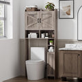 Homhedy Over The Toilet Storage Cabinet with 2 Barn Door and Toilet Paper Holder Stand, FreeStanding Toilet Shelf Space Saver, for Bathroom, Restroom, Laundry, Greige