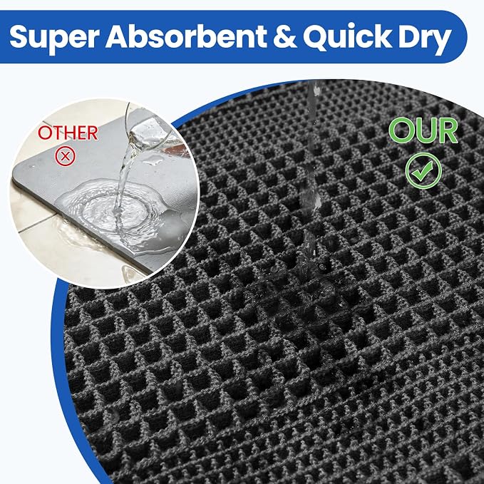 Waffle Bath Mat - Non Slip Bathroom Rugs - Washable Super Absorbent & Quick Dry Bath Mats with Tassels for Hallway Bedroom Laundry Room,20" x 32",Black