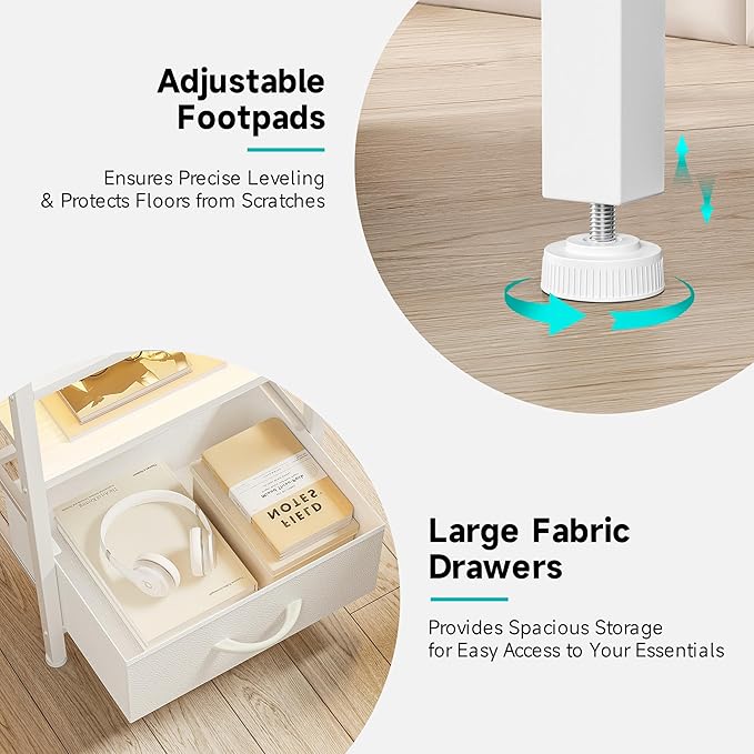 Lazzanto Night Stand Bedside Charger Bedroom - Nightstand with Charging Station, 2 U-S-B Ports & 2 AC Outlets, Tall Bed Side Table with LED Light Strip, Storage Shelf & 4 Fabric Drawers, White