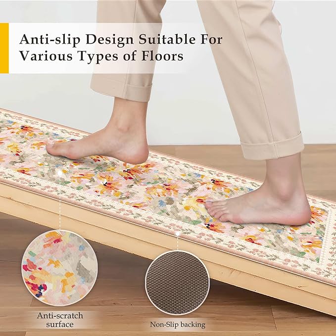 Anti Fatigue Kitchen Mats 2PCS Thick Non Slip Cushioned Rugs Beige Abstract Floral Waterproof Comfort Standing Mats for Floor Sink Laundry Office 17.3"×47"+17.3"×30"