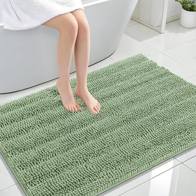 OLANLY Thick Large Bathroom Rugs 44x32, Extra Soft Absorbent Chenille Striped Bath Rugs, Rubber Backing, Machine Wash, Bath Mats for Bathroom Floor, Tub and Shower, Home Decor Accessories, Sage Green