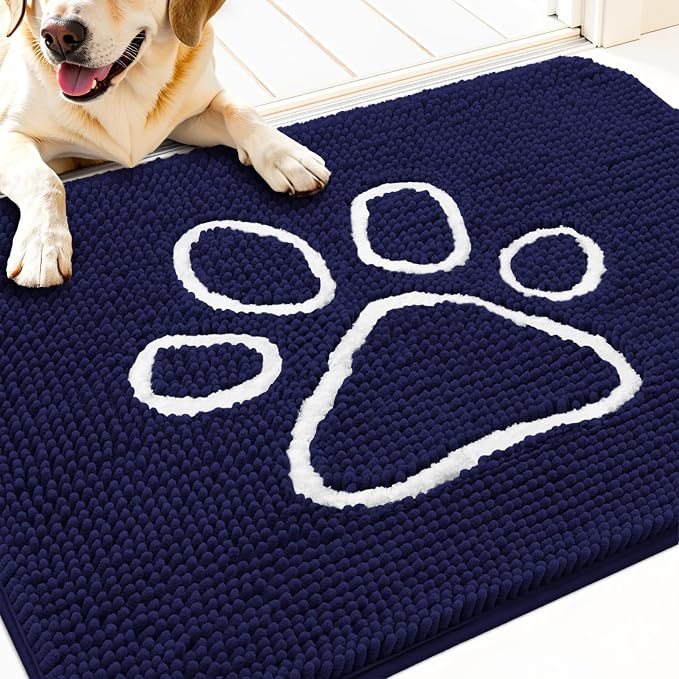 OLANLY Dog Door Mat for Muddy Paws 34x21, Paw Print Design, Absorbs Moisture and Dirt, Absorbent Non-Slip Washable Doormat, Quick Dry Chenille Mud Mat for Dogs, Entry Indoor Entryway Carpet, Navy Blue