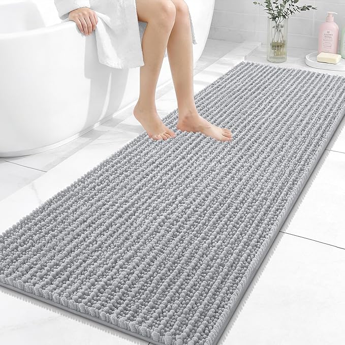 OLANLY Long Bathroom Rugs Runner 59x24, Thick Soft and Absorbent Chenille Bath Mat, Non-Slip, Machine Washable Quick Dry Bath Rugs for Tub Shower Floor, Home Decor Accessories, Light Grey
