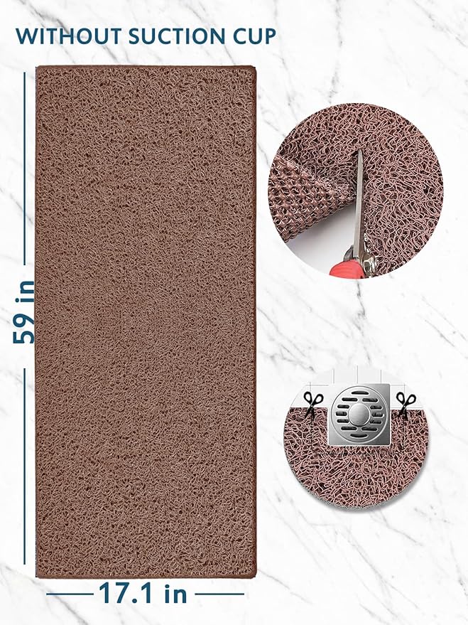 godehone Shower Mats Non Slip Without Suction Cups, PVC Loofah Bathroom Mats, Loofah Mats for Shower and Bathroom, Quick Drying, 17.1× 59 Inch, Brown