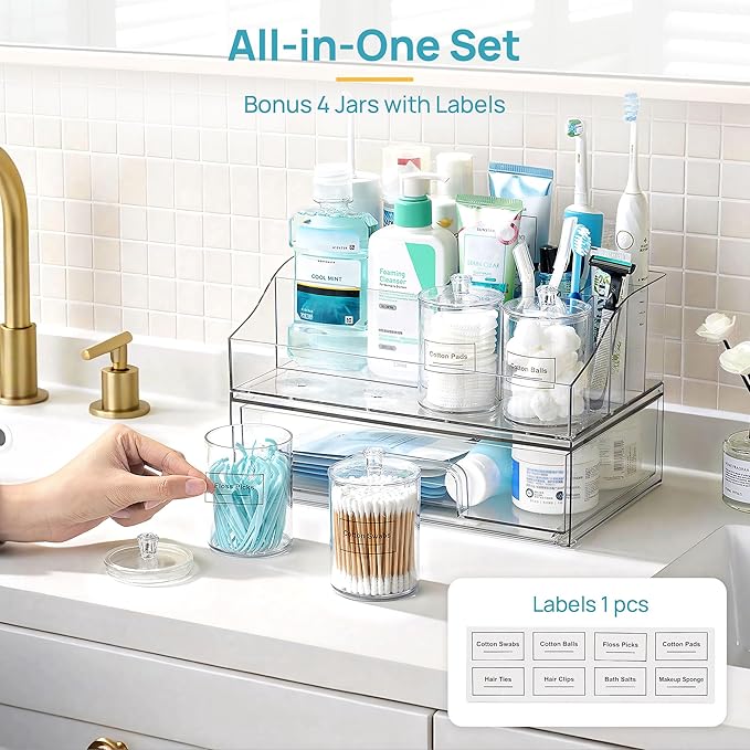 Vtopmart 6 PCS Bathroom Countertop Organizer, 1 Divided Tray with 4 Qtip Holder Jars and 1 Drawers, Restroom Clear Organizers for Toothbrush, Cotton Pads, Vanity Accessories Storage Set