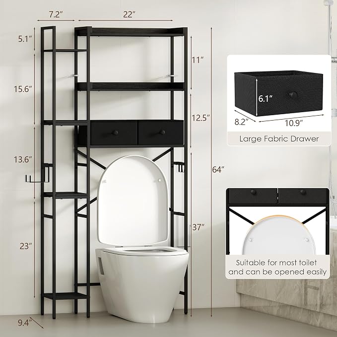 Over The Toilet Storage Shelf with Drawers, 7 Tier Above Toilet Bathroom Organizer Rack with Adjustable Shelves, Space Saver Stand Behind Toilet with Paper Holder & Hooks for Laundry, Black
