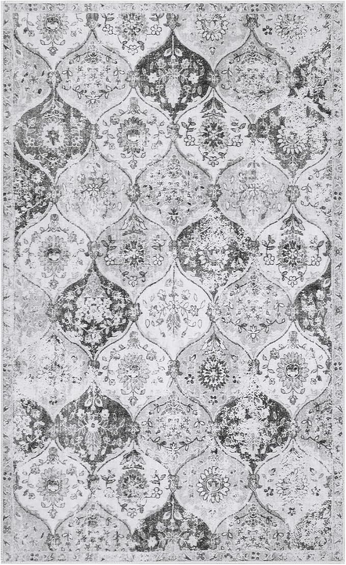 Lahome Moroccan Trellis Washable Small Area Rug, 3x5 Area Rug for Bedroom Living Room, Non-Slip Oriental Accent Throw Carpet for Kitchen Office Entryway Bathroom Office Elise, Silver/Grey