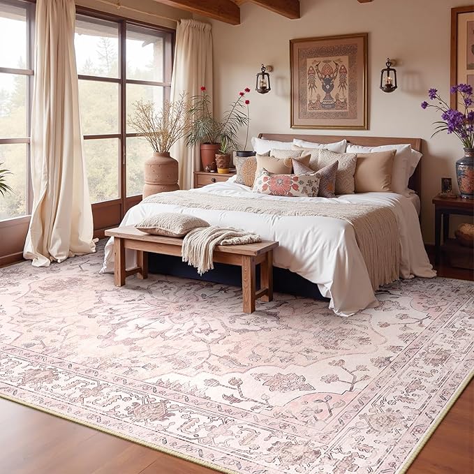 RELEANY Area Rugs Large 10'x14' Washable Non-Slip, Floral Vintage Distress Medallion Carpet for Living Room Bedroom Dining Room, Pink Greypink Cute
