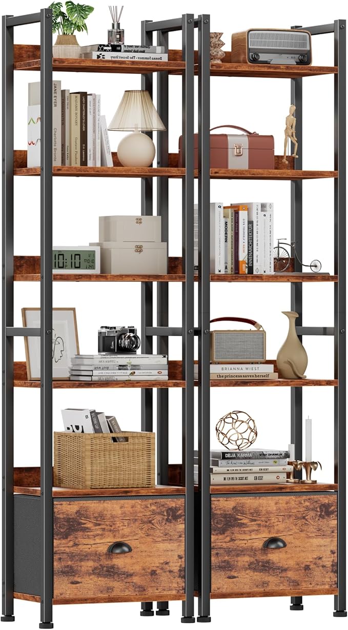Furologee Book Shelf Set of 2, 6 Tier Tall Shelf with Drawer, Bookshelves and Bookcases Set of 2, Industrial Display Shelving Unit for Bedroom, Living Room, Home Office, Rustic Brown