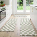 Scalloped Beige Sage Checkered Grid Checkerboard Kitchen Rug Sets [3 PCs], Anti-Fatigue, Waterproof Non-Slip Kitchen Mats Heavy Duty Comfort Foam Rug for Kitchen, Floor, Laundry,17"x29"/47"/59"