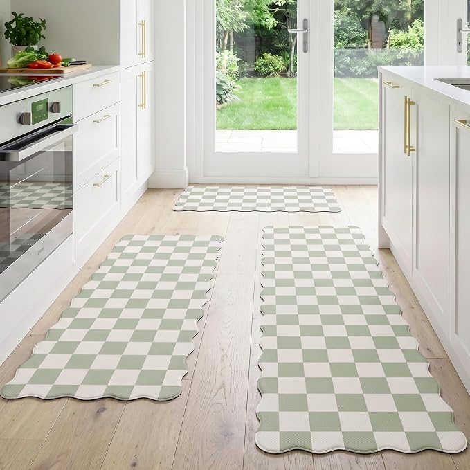 Scalloped Beige Sage Checkered Grid Checkerboard Kitchen Rug Sets [3 PCs], Anti-Fatigue, Waterproof Non-Slip Kitchen Mats Heavy Duty Comfort Foam Rug for Kitchen, Floor, Laundry,17"x29"/47"/59"