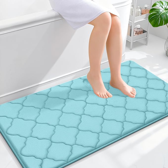 OLANLY Memory Foam Bath Mat Rug 44x24, Ultra Soft and Absorbent Bathroom Rugs, Non-Slip, Comfortable, Machine Washable Bath Carpet for Bathroom Floor, Tub, Shower and Home Decor Accessories, Sky Blue