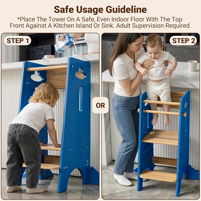 COSYLAND Toddler Standing Tower Adjustable Height(NO Backing Board) - Stable Kids Kitchen Stool Helper with 4 Support Blocks - 3 Levels Adjustable Wooden Toddler Kitchen Stool (Natural & Navy Blue)