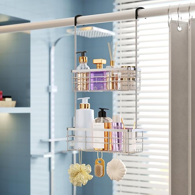 HapiRm Hanging Shower Caddy Organizer - No Drilling Shower Organizer with Hooks, Rustproof & Waterproof 304 Stainless Steel Bathroom Shelves - Silver