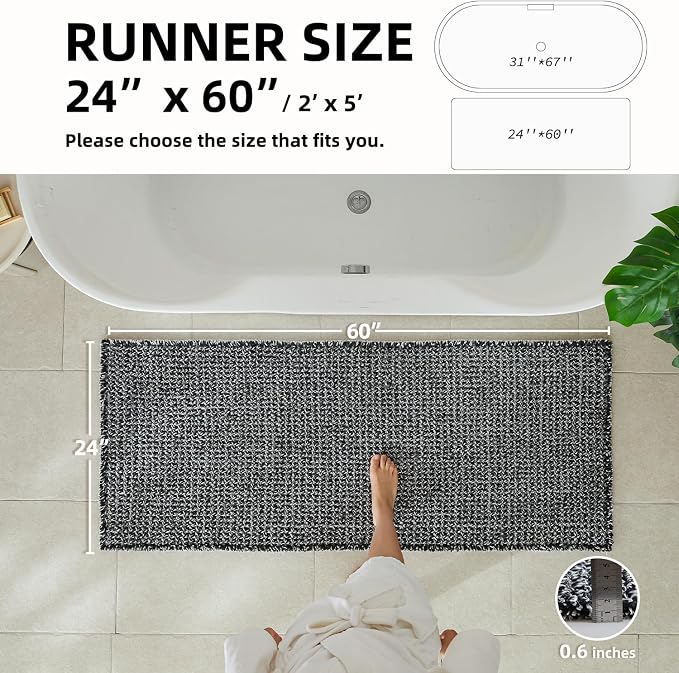 TYUU Black and White Bathroom Rugs, Waffle Runner Rug Bathroom Non Slip Washable Long Super Absorbent Quick Dry Boho Farmhouse Bath Decor, 60"x24" Black and White