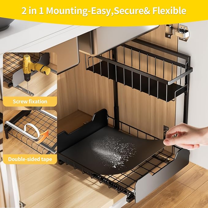 PureBox Under Sink Organizer, 2-Tier L-Shaped Pull Out Cabinet Shelf with 2 Installation Methods, Adjustable Sliding Storage Drawer for Kitchen, Bathroom, Laundry, Metal, Black, 2-Pack