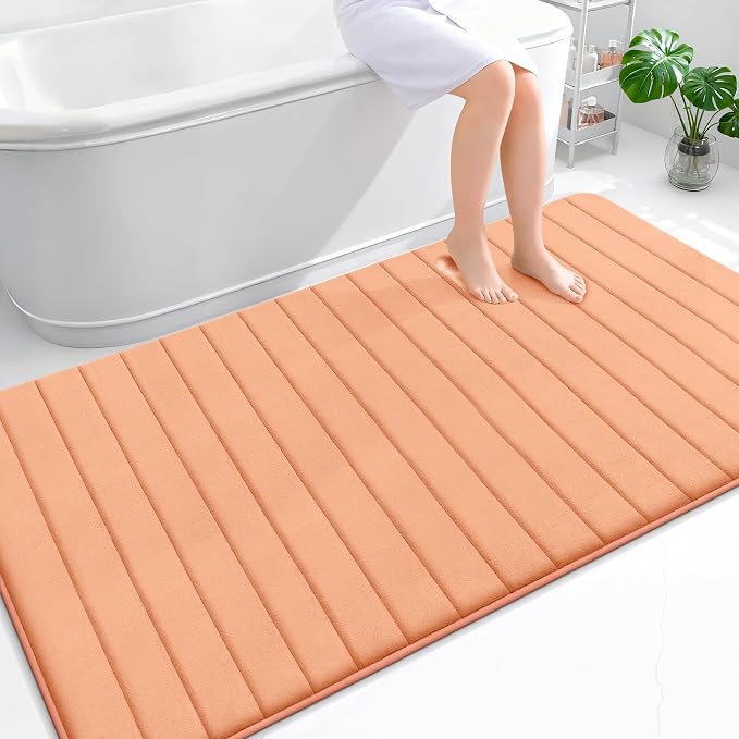 OLANLY Memory Foam Bath Mat 70x46, Super Soft Absorbent Bathroom Rugs, Quick Dry, Machine Washable Shower Floor Rugs, Bathmat Carpet, Bathroom Home Decor Accessories, Peach