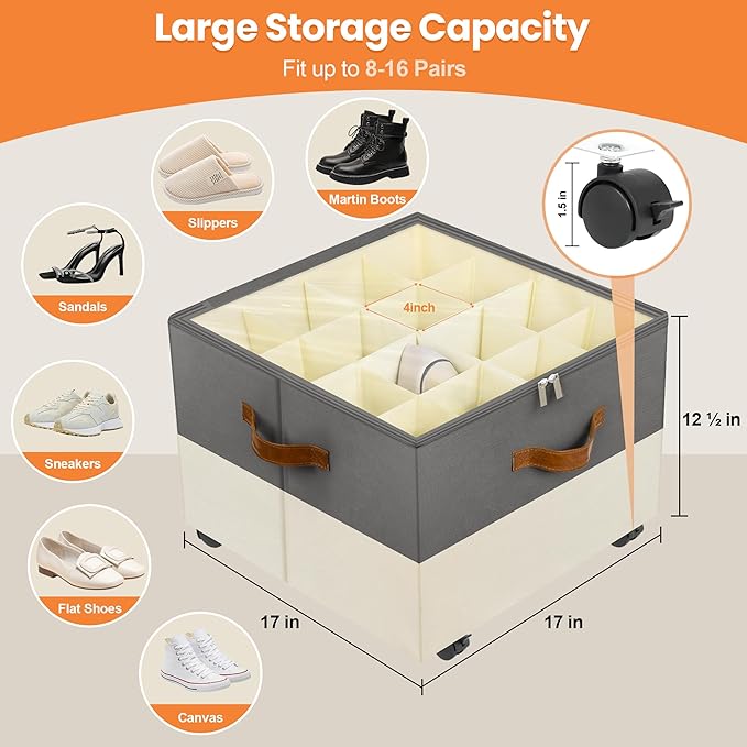Shoe Organizer for Closet, Shoe Storage Organizer with Wheels and Adjustable Divider, Stackable Shoe Storage Box with Clear Cover, Foldable Closet Shoe Organizer Fits up to 16-32 Pairs, Gray and Beige