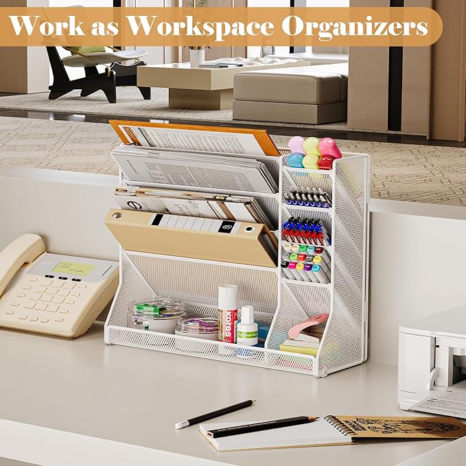 Jakyitvi Wall File Organizer, 5-Tier Hanging Wall File Organizer with R-shaped Bottom Tray, Desk Organizer with 4 Tiers Durable Adjustable Metal & 4 Pen Slots Stable, Wall Organizer for Office, White