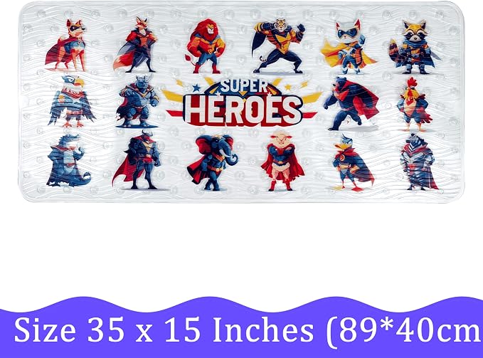 BEEHOMEE Bath Mats for Tub Kids,Baby Toddler - Large Cartoon Non-Slip Bathroom Bathtub Anti-Slip Shower Mats for Floor 35x15,Machine Washable XL Size Bathroom Mats (Super Heroes)