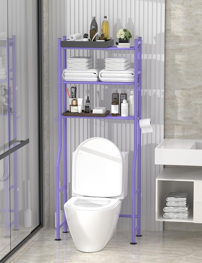 Livilord 3-Tier Over The Toilet Storage, Freestanding Metal Bathroom Shelves with 4 Hooks, Over Toilet Storage Shelf with Paper Holder, Above The Toilet Shelf for Bathroom Storage, Purple