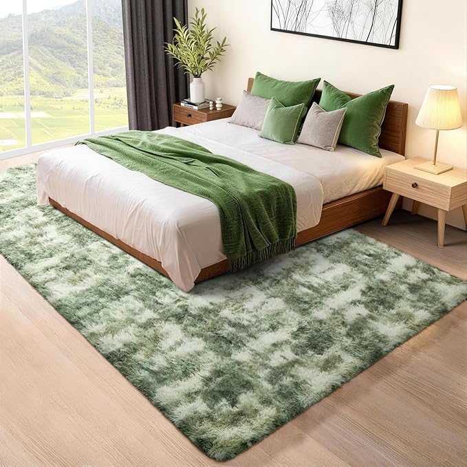 Ophanie Green and White Area Rugs for Living Room 5x7, Sage Green Fluffy Shag Large Fuzzy Plush Soft Carpets, Floor Shaggy Rugs for Bedroom, Carpet for Kids Girls Dorm Nursery Home Decor Aesthetic