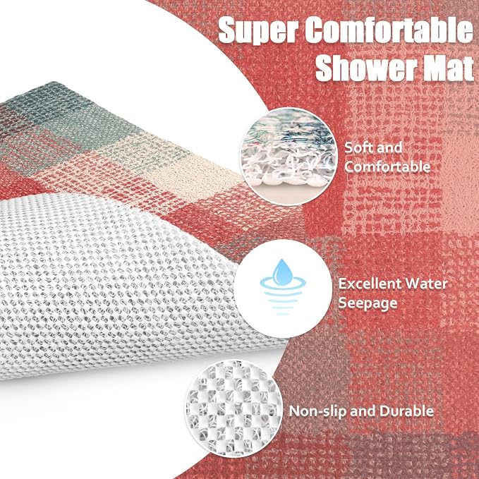 Shower Mat Bathtub Mat Non-Slip: 32x32 Inch Soft Comfort Bath Mat with Drainage Holes, PVC Loofah Massage Bathmat for Shower, Tub, Bathroom, Wet Areas, Quick Drying