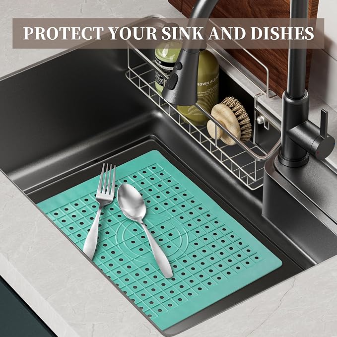 WILLKOMMEN Kitchen Sink Mat, 12" x 10" Rectangular Sink Protector Pad, Fast-Draining Grid Design Liner, Dish Drying Mat 2 Pack Mint Green
