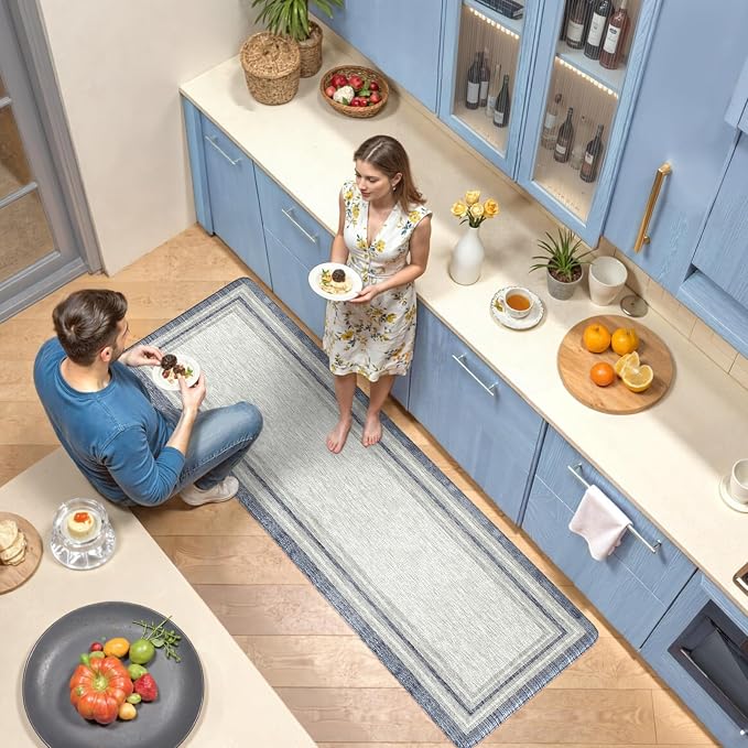 KIMODE Kitchen Mats for Floor Anti Fatigue, Blue Farmhouse Rugs for Kitchen Floor 24"x71", Padded Kitchen Floor Mats, Cushioned Memory Foam Standing Desk Mat for Laundry Office Sink