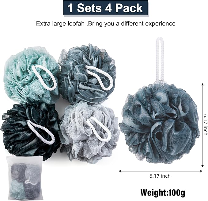 MTDLYICE Loofah Sponge XXL-100g 4 Pack, Bath Sponge Soft Mesh Shower Puff Loofah for Men, Exfoliating Body Scrubber for Women, Shower Accessories (Blue Gray)