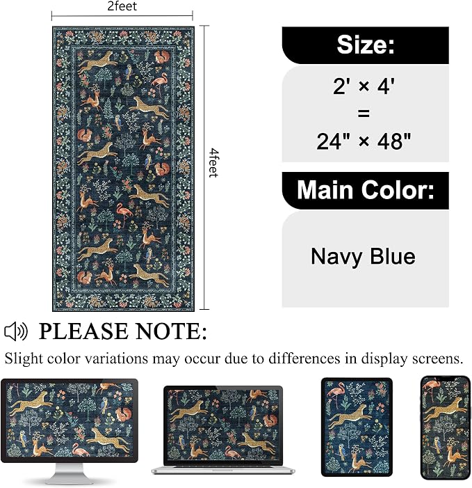 DUKINO 2x4 Rug for Hallway, Washable Kitchen Runner Rug with Non Slip Backing, Soft Low Pile Vintage Animal Runner for Bedroom, Kitchen, Hallway, Entryway, Laundry, Navy Blue