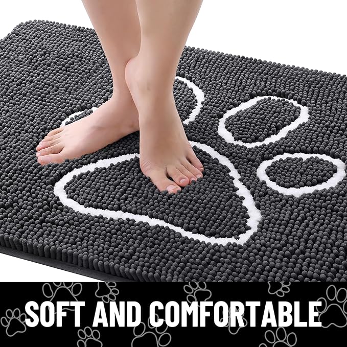 Smiry Dog Door Mat for Muddy Paws, Absorbent Dirt Trapper Non Slip Quick Dry Washable Chenille Mat for Mud Dogs, Entry Rug for Indoor and Outdoor (71x46 Inches, Dark Grey and White)